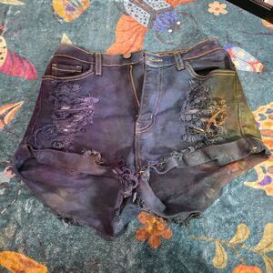 🌈 Vibrant MIU Tie Dye Distressed Denim Shorts Womens S Destroyed Cut Off